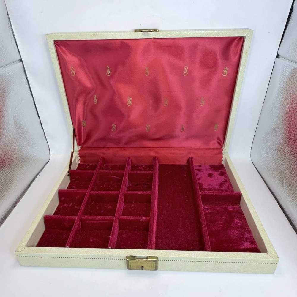Vintage Mele Jewelry Box Cream Gold Floral Red Velvet Lining Mid Century Modern